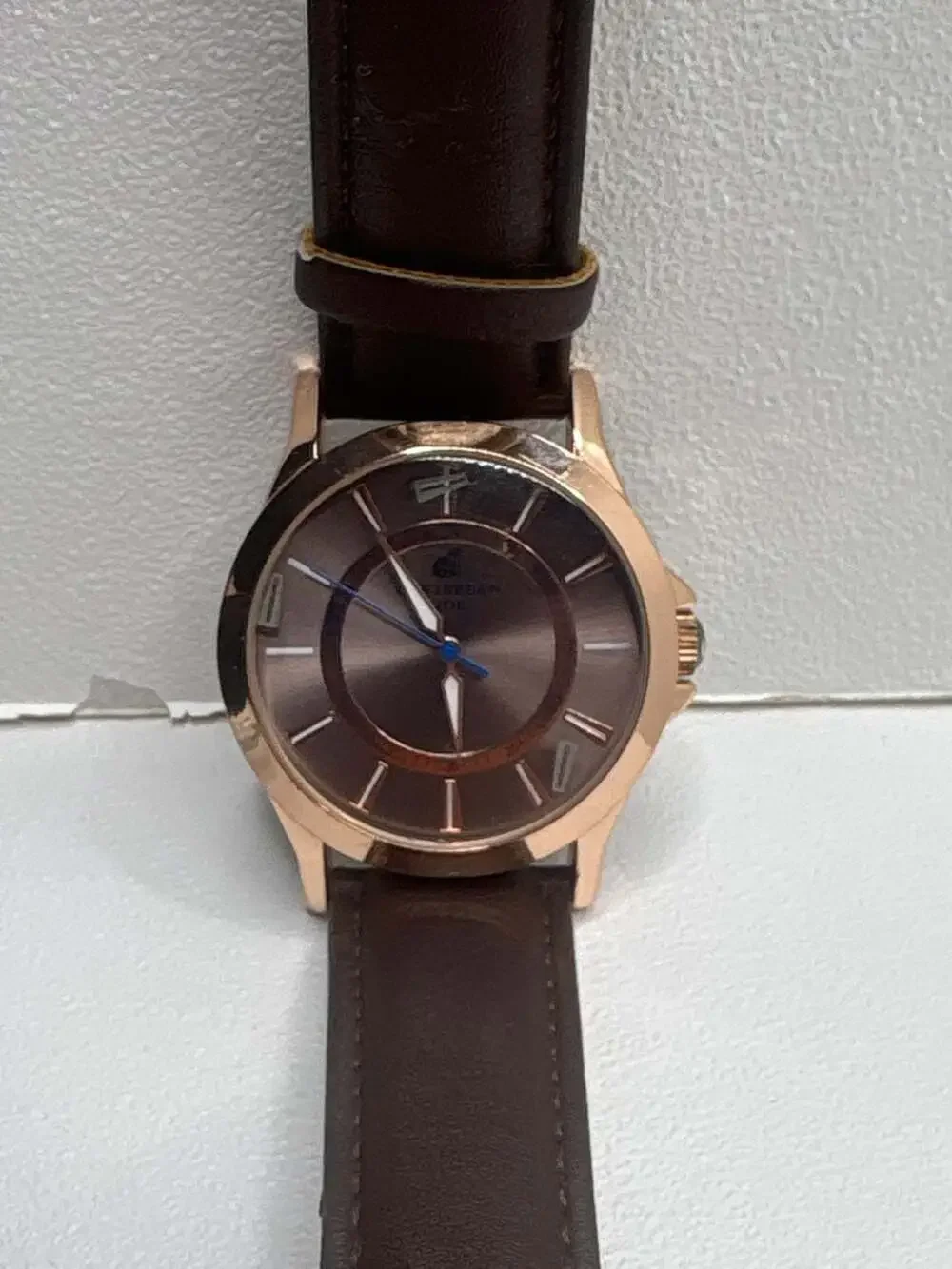 Caribbean Joe Men's Rose Gold Tone Analog Watch with Brown Leather Strap